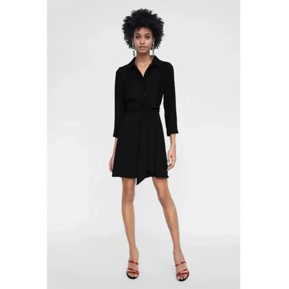 Black Shirt Mini Dress With Belt Size Medium Tunic Long Sleeve ButtonUp Collared - Picture 2 of 16